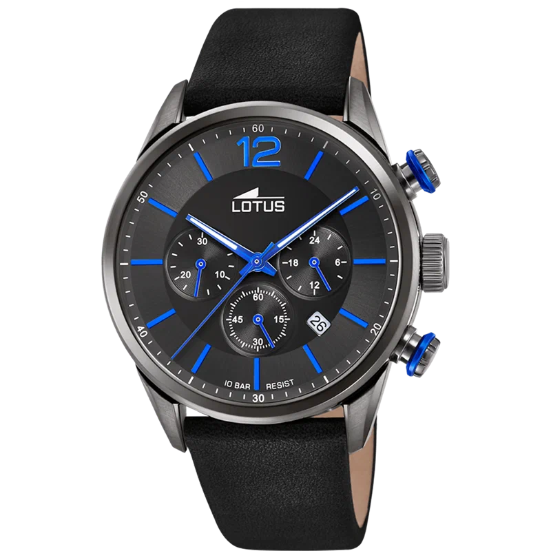 LOTUS CHRONO WATCH 18687/3 BLACK, LEATHER STRAP, MEN'S